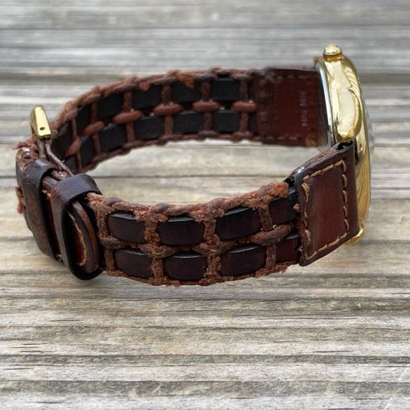 Fossil Men Watch Gold Tone Case Pyramid Crystal Brown Braided Leather Band Analo - Picture 3 of 13